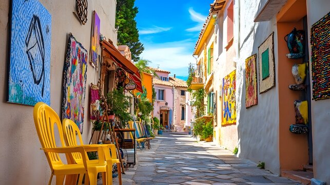 Fototapeta Colorful street in the city of Aix-en-Provence, with paintings on buildings and art gallery doors