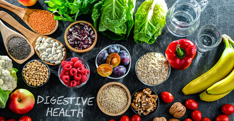Foods products improving digestive health. Constipation relief food.