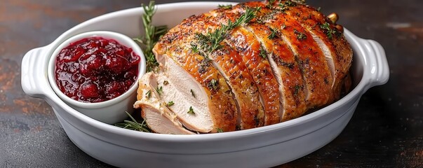 A succulent roasted turkey breast served with savory cranberry sauce and garnished with fresh herbs for a festive meal.