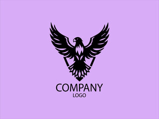 Eagle themed vector logo, badge, emblem. Flying bird, hunter, predator, dangerous animal, shield, lettering. Mascot black vector logo Pink background design