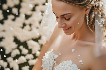 Beautiful, white bride in an off shoulder white wedding gown, smiling. Confetti and rice grains. Background.