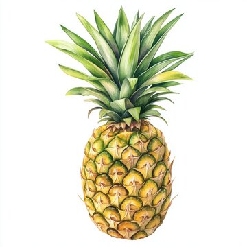 Watercolor Painting of a Whole Pineapple with Green Leaves