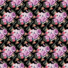 seamless pattern with flowers watercolor. Seamless pattern of purple, pink, white roses and decorative leaves around. on a black background