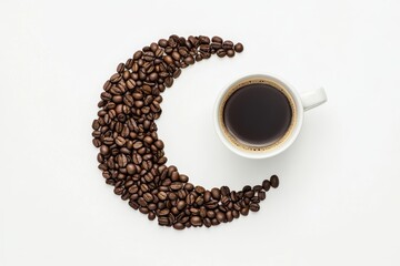 Naklejka premium Coffee Beans Forming a Crescent Moon with a Cup of Coffee