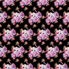 watercolor seamless pattern of pink flowers, leaves and berries on a black background.