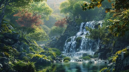 Serene Waterfall in a Lush Forest Setting