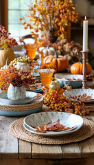 Naklejka premium Beautiful autumn-themed table setting featuring pumpkins, leaves, and warm colors. Ideal for Thanksgiving or fall gatherings showcasing elegant seasonal decor and festive atmosphere.