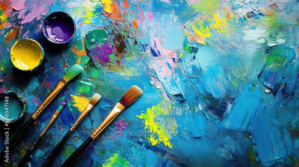 Poster Bright splashes of color adorn the canvas as brushes mix paints, capturing creativity and artistic expression in the studio. Generative AI