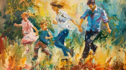 Joyful Family Running Together in a Vibrant Landscape