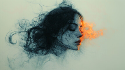 Fototapeta premium A serene woman in pencil strokes, her flowing hair transforming into fiery flames. The contrast between her calm expression and the dynamic fire symbolizes memories, passion, and inner strength