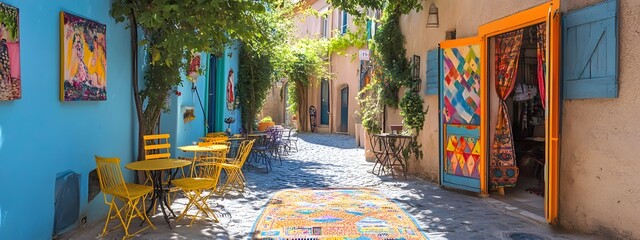 Naklejka premium Colorful street in the city of Aix-en-Provence, with paintings on buildings and art gallery doors