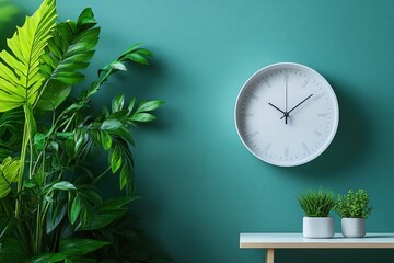 A simple, white clock hangs on a teal wall, flanked by potted plants on a white shelf.