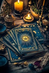 Elegant tarot cards and mystical candles arranged on a wooden table in a dimly lit space