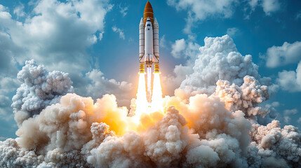 The powerful launch of a space shuttle creates a magnificent display of smoke and flames against a blue sky filled with clouds
