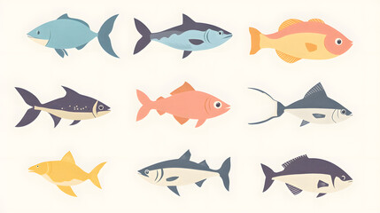 Minimal pastel fish set of icons with smooth lines and pastel tones isolated on a clean background