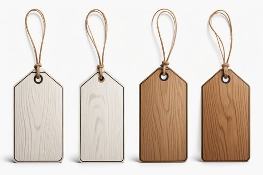 three wooden tags with string on white background