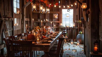 Rustic Barn Setting with Decorated Table for Canadian Thanksgiving Celebration