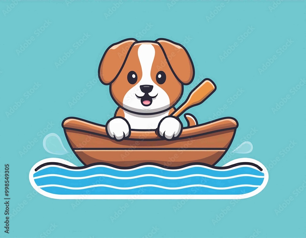 Poster cute dog character rowing boat logo