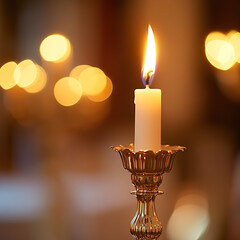 Fototapeta premium Elegant Candle in a Holder Glowing in Warm Light