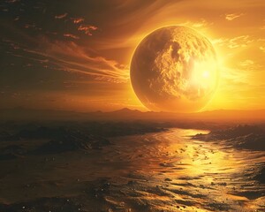 Obraz premium Twilight Planet Bathed in the Eternal Glow of a Setting Sun