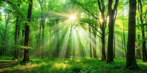 Obraz premium Lush green forest with sunbeam filtering through the leaves, nature, trees, environment, vibrant, fresh, foliage, sunlight