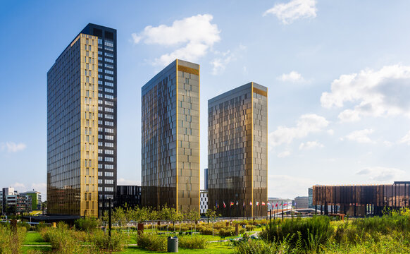 Luxembourg City, Luxembourg - Sept. 17, 2024: Towers (left to right Rocca, Montesquieu, Comenius) and Palais of the Court of Justice of the European Union, the judicial institution of the EU.