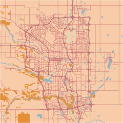 Map of Calgary in Canada in a sandy theme. Contains layered vector with roads water, parks, etc.