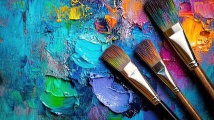 Fototapeta premium Bright splashes of color on a palette with brushes resting nearby showcase the creative process of abstract painting in progress. Generative AI