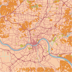 Map of Cincinnati in Ohio in a sandy theme. Contains layered vector with roads water, parks, etc.