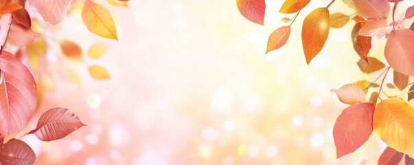 A beautiful autumn scene with leaves on a tree. The leaves are orange and yellow, and they are falling from the tree. The sky is blue, and there are some clouds in the sky
