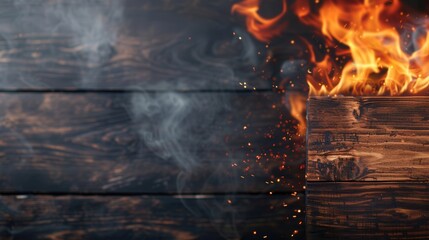 Burning Edges, a blank wooden table with fierce flames consuming the edges, vibrant sparks flying, smoke swirling into the air, creating an intense and dramatic scene.