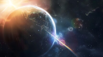 Obraz premium Crystalline Planet Refracting Vibrant Rainbows Under Nearby Shining Sun in Cosmic Landscape