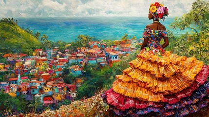 A woman in a traditional Haitian karabela dress, standing on a hilltop overlooking a vibrant Caribbean village during Carnival.