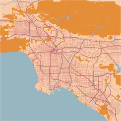 Map of Los Angeles in California in a sandy theme. Contains layered vector with roads water, parks, etc.