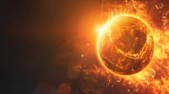 Fiery glowing planet with sun like core emitting solar flares and energy in cosmic space - Powered by Adobe
