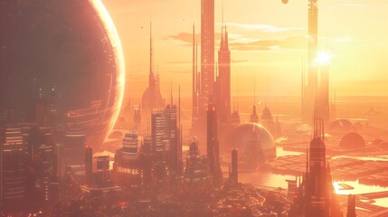 Obraz premium Majestic Futuristic Metropolis Reflecting the Sun s Brilliance on an Alien Planet