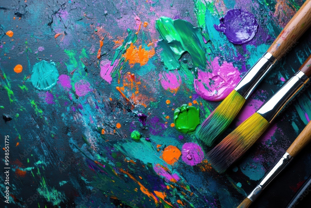 Fototapete An array of bright paints with colorful splashes and two paintbrushes is ready for creating abstract art on the canvas surface. Generative AI