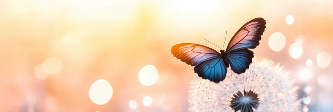 Fototapeta butterfly on wet dandelion with bright blur bokeh background