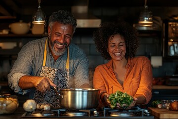 Man and woman preparing food together in a warmly lit, cozy kitchen, focusing on a steaming pot...