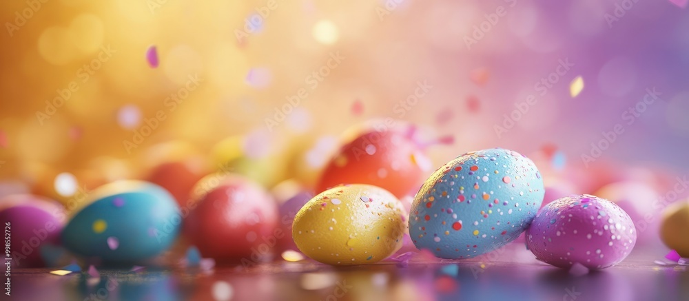 Wall mural Colorful Easter eggs with confetti on a blurred background.