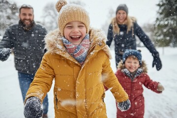 Family having fun in the snow, with children running and playing in winter clothing, capturing the essence of joyful outdoor family activities on a snowy day.