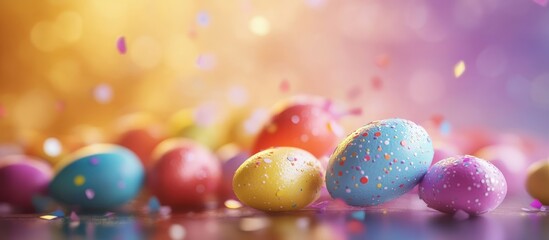 Colorful Easter eggs with confetti on a blurred background.