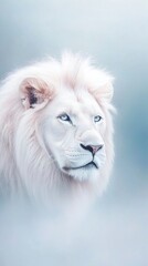 White lion standing on foggy background