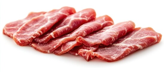 A close-up of thin slices of fresh, raw pork belly meat on a white background.