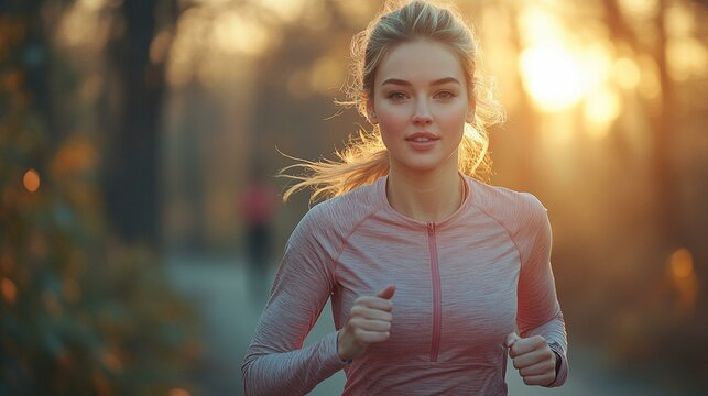 the Young woman jogging on a city embankment in the morning, with a focus on fitness and healthy lifestyle. - Powered by Adobe