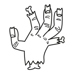 Black and white illustration of a zombie hand with broken nails and fingers, Halloween, coloring page
