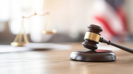 Fototapeta premium Judicial Hammer on Table with Scales of Justice Background