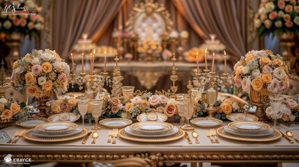 Fototapeta premium an elegantly set dining table, likely for a formal event or wedding. The table is adorned with luxurious decorations, including large floral arrangements featuring roses in shades of cream