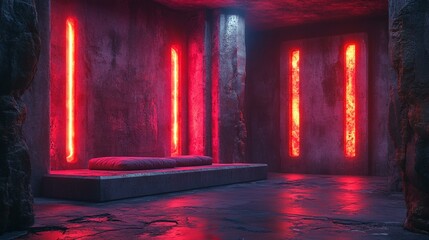 the Futuristic stage show with neon glowing lasers, sci-fi ambiance, and a dark grunge concrete room setting.