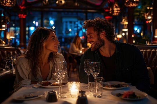 A couple is sharing a dinner date in an elegant restaurant, characterized by atmospheric lighting and a sophisticated setting, capturing the essence of an intimate evening.